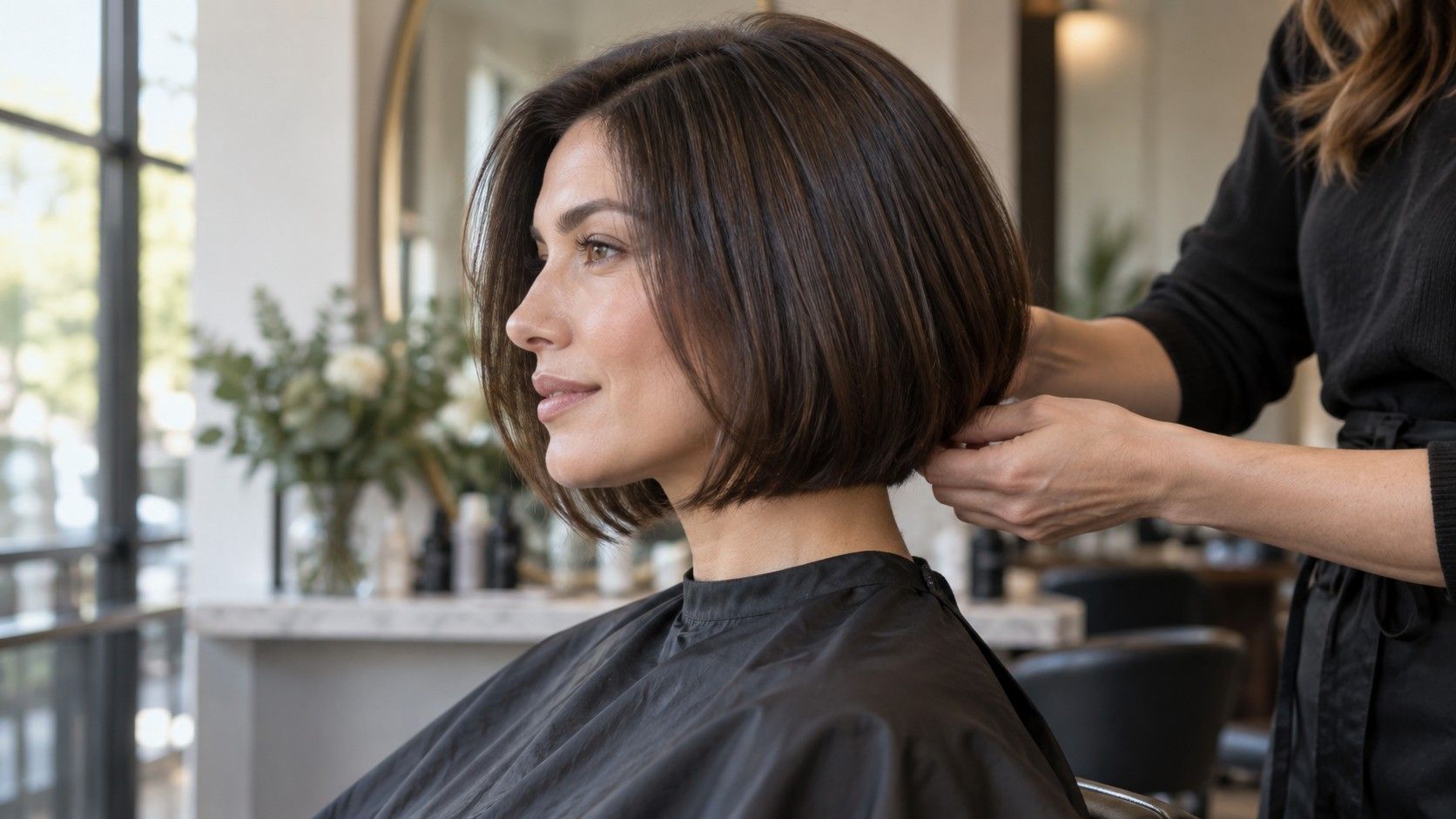Woman with a softly shaped chin-length bob haircut