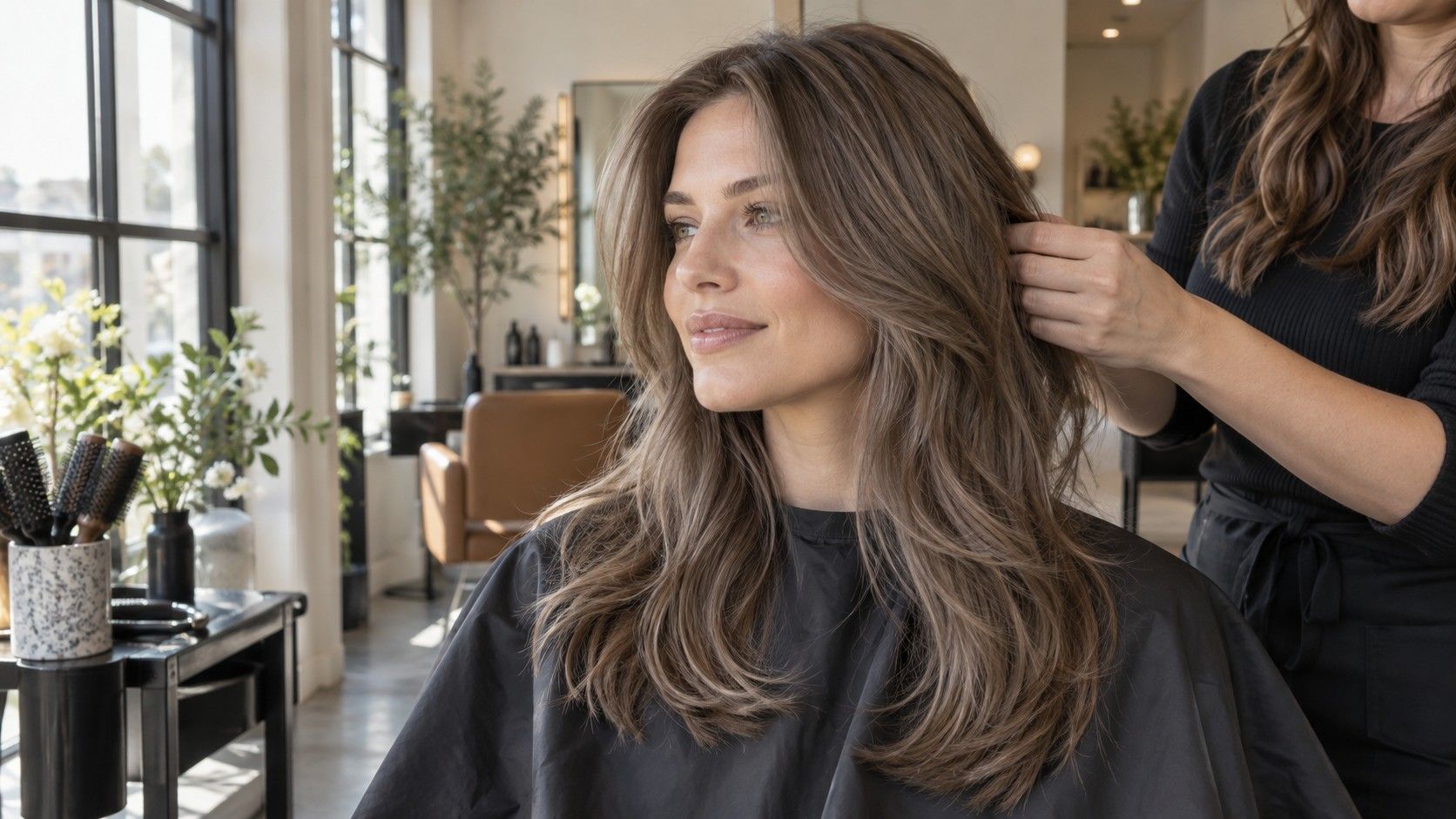 Soft muted brunette hair colour with beige highlights